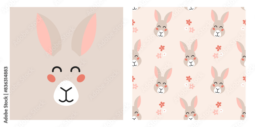 Cute cartoon hare head print and seamless pattern with flowers for textile, fabric, wrapping paper, nursery. Cute cartoon hare head print and seamless pattern with flowers for textile, fabric, wrapping paper, nursery.