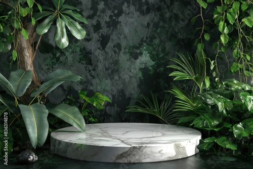 Marble podium on green table with tropical plants