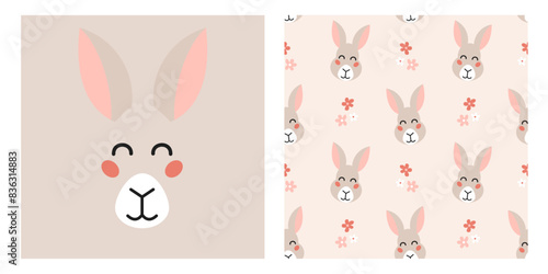 Cute cartoon hare head print and seamless pattern with flowers for textile  fabric  wrapping paper  nursery.