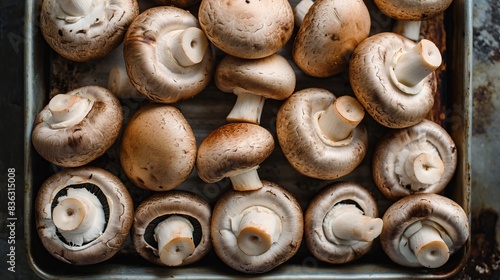 Fresh champignons in a metal tray on a dark background.