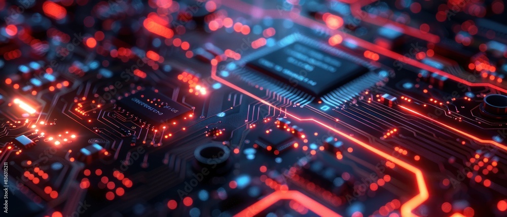A high-tech background featuring a close-up of a circuit board with glowing pathways and components. The intricate design and high resolution bring out the fine details, making it suitable for A high-tech background featuring a close-up of a circuit board with glowing pathways and components. The intricate design and high resolution bring out the fine details, making it suitable for