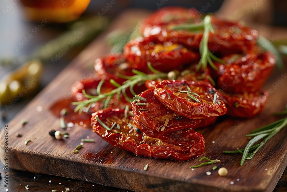 Sun-dried tomatoes with rosemary and peppercorns on wooden board Sun-dried tomatoes with rosemary and peppercorns on wooden board