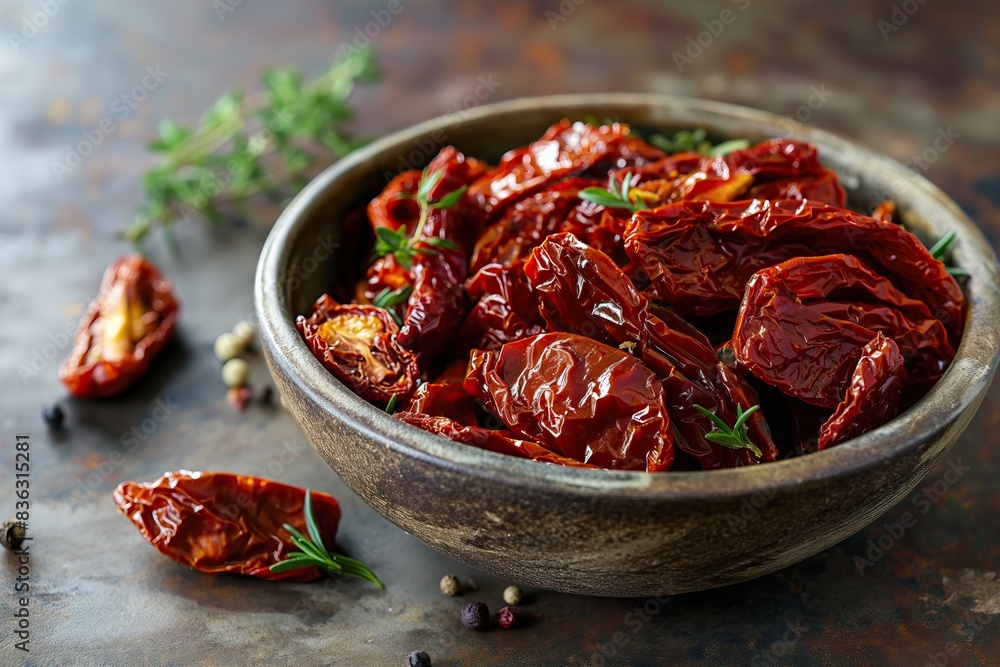 Sun-dried tomatoes with spices and herbs in a plate Sun-dried tomatoes with spices and herbs in a plate