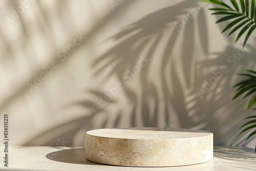 Marble podium with palm leaf shadow on the wall