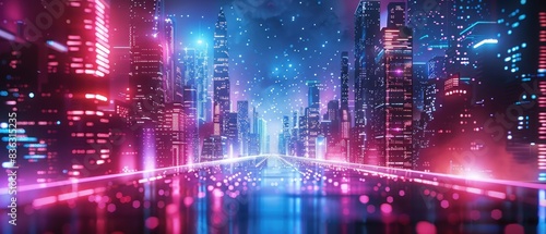 Wallpaper Mural A vibrant and dynamic background showcasing a futuristic cityscape with towering skyscrapers and neon lights. The high-resolution quality captures the essence of a technologically advanced urban Torontodigital.ca