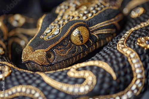 The snake is made of black and gold beads. Luxury decoration