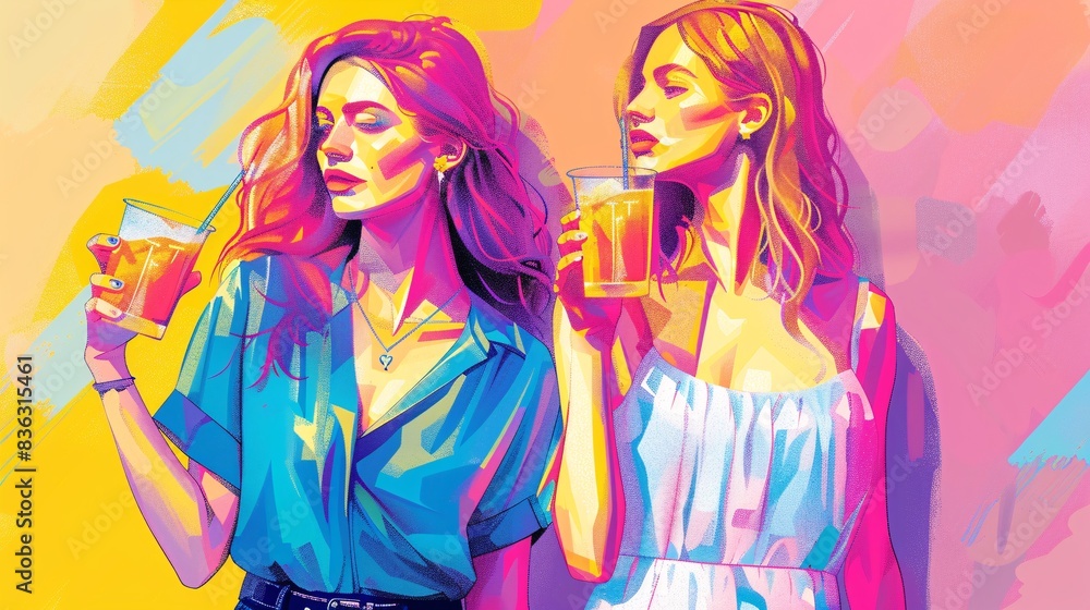 A charming duo of elegant people, two girls or two men on a date in a vibrant LGBTQ+ festival, Warsaw, Poland, sipping cocktails on the street - one with flowing vibrant hair in a chic blouse and