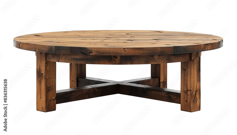 The photo shows a round wooden coffee table with a natural wood finish. The table has a solid wood base with a crosshatch design. The photo shows a round wooden coffee table with a natural wood finish. The table has a solid wood base with a crosshatch design.