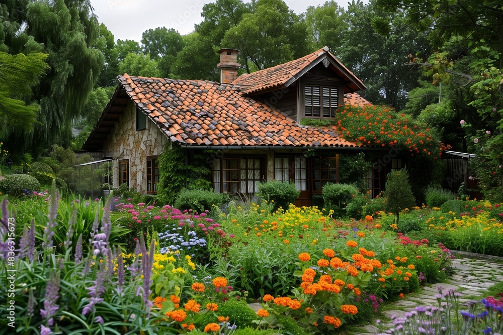 Charming House with Blooming Garden: Classic Design and Flowers Charming House with Blooming Garden: Classic Design and Flowers