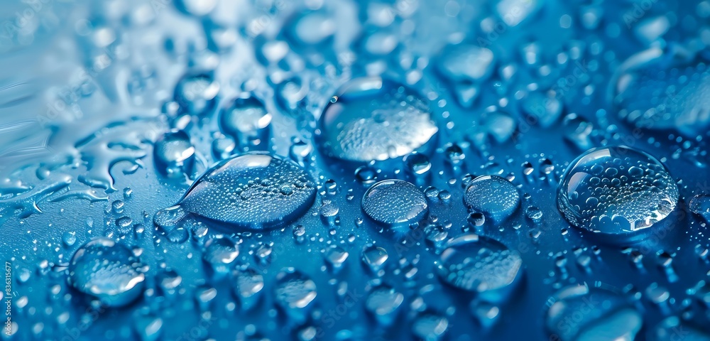 Full frame showcasing pristine water drops on vibrant blue background. Full frame showcasing pristine water drops on vibrant blue background.