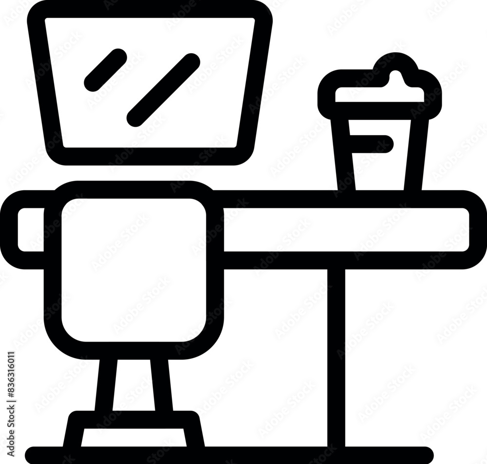 Line art icon showing a desk with a computer monitor and a coffee cup, representing a home office setup Line art icon showing a desk with a computer monitor and a coffee cup, representing a home office setup