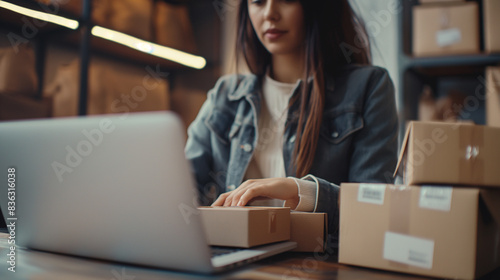 Woman using laptop amidst warehouse boxes © Sadia