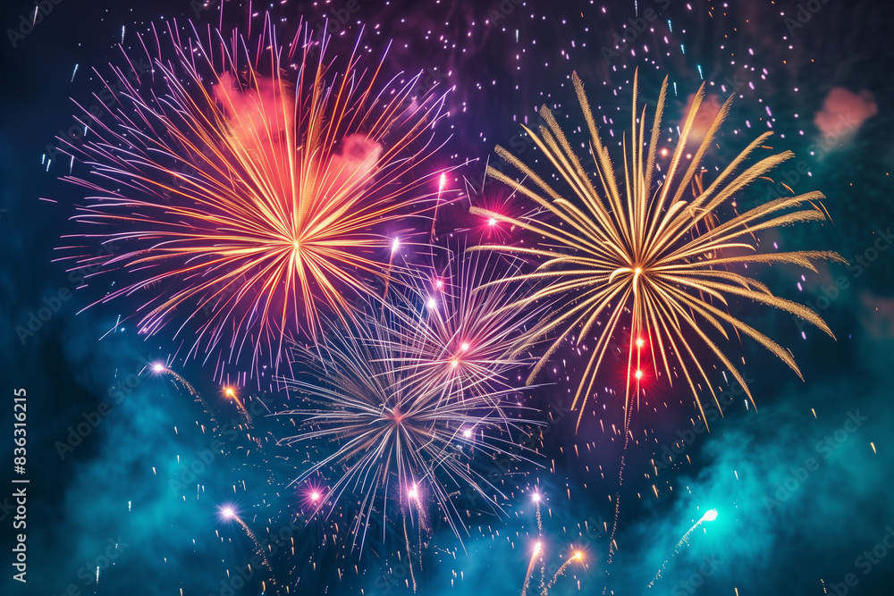 Fototapeta premium 4th July fireworks. Fireworks display on dark sky background.