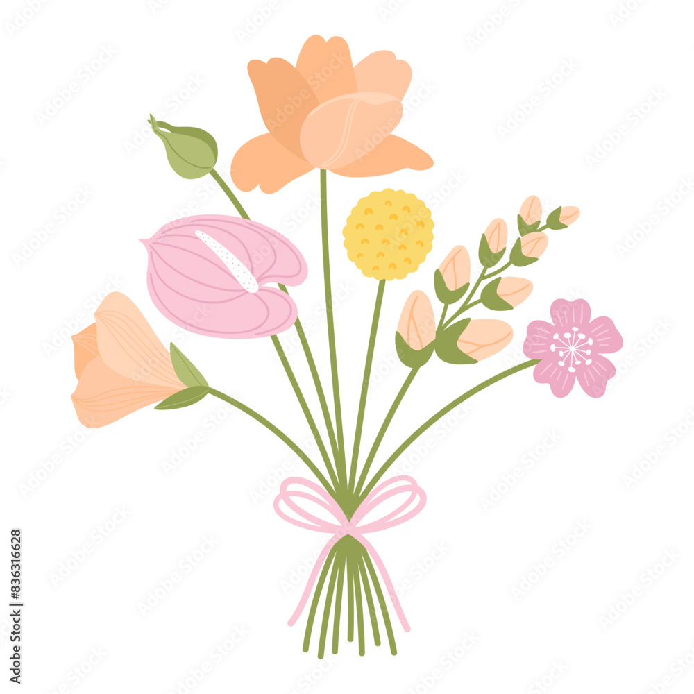 Bunch wildflowers. Floral bouquet, vector illustration. Flowers tied with ribbon. Meadow herbs, and wild plants for design projects