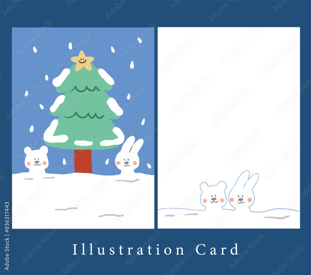 Fototapeta premium cute bear with rabbit bunny and Christmas tree ,snow in winter. illustration Christmas decoration.
