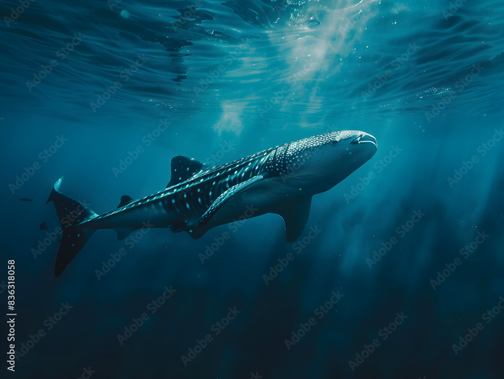 Large whale shark gracefully gliding through crystal-clear waters in the ocean depths, surrounded by sunlight. Large whale shark gracefully gliding through crystal-clear waters in the ocean depths, surrounded by sunlight.