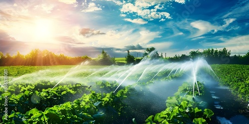 Sustainable Farming Eco-Friendly Irrigation Sprinklers Nurturing Green Fields and Thriving Plants. Concept Sustainable Farming, Eco-Friendly Irrigation, Sprinklers, Green Fields, Thriving Plants photo