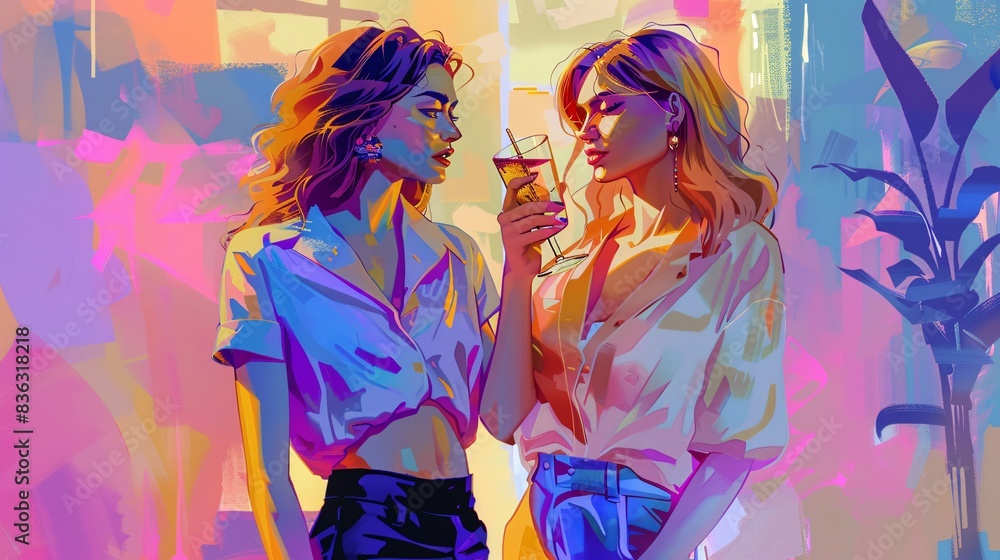 Fototapeta premium A charming duo of elegant people, two girls or two men on a date in a vibrant LGBTQ+ festival, Helsinki, Finland, sipping cocktails on the street - one with flowing vibrant hair in a chic blouse and