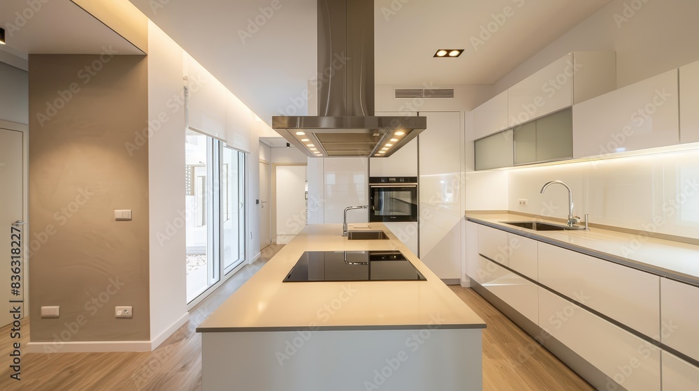 The photo shows a modern kitchen with a large island in the center The photo shows a modern kitchen with a large island in the center