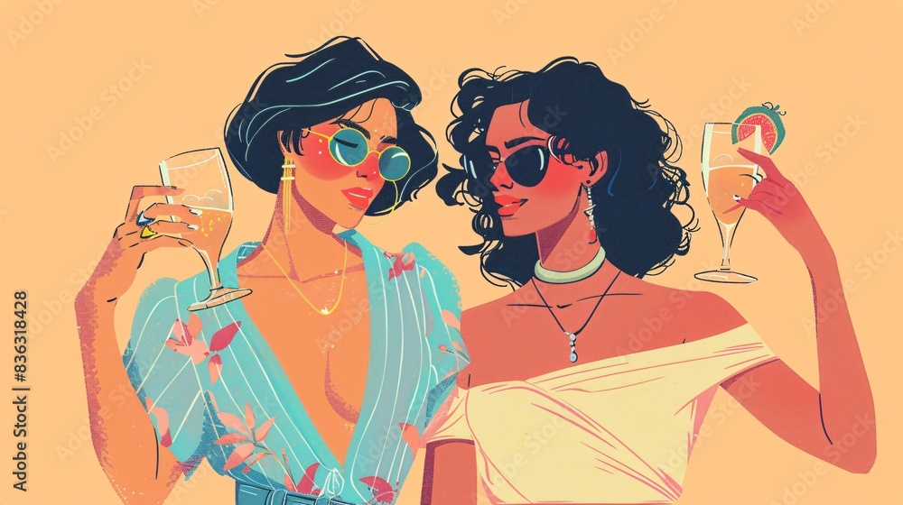 A charming duo of elegant people, two girls or two men on a date in a lively LGBTQ+ festival, Athens, Greece, sipping cocktails on the street - one with flowing vibrant hair in a retro-inspired A charming duo of elegant people, two girls or two men on a date in a lively LGBTQ+ festival, Athens, Greece, sipping cocktails on the street - one with flowing vibrant hair in a retro-inspired