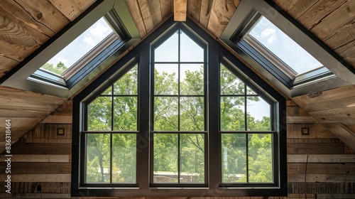 The image shows a beautiful view of the forest through a large triangular window