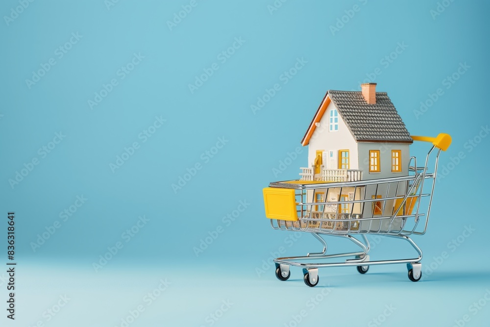 House and Shopping Cart on Blue Background for Real Estate Buying and Selling. Ideal Copy Space Design. House and Shopping Cart on Blue Background for Real Estate Buying and Selling. Ideal Copy Space Design.