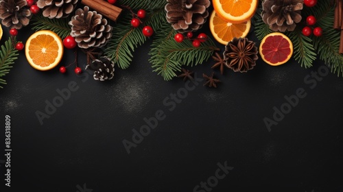 Festive Christmas greeting card with fir branches decorated with natural dried decor of oranges, lemons, fir cones and red berries. Dark black textured background