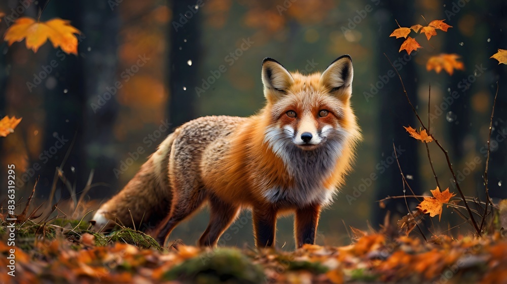 Obraz premium Granater AI A fox standing in an autumn forest, surrounded by colorful foliage and a serene atmosphere.
