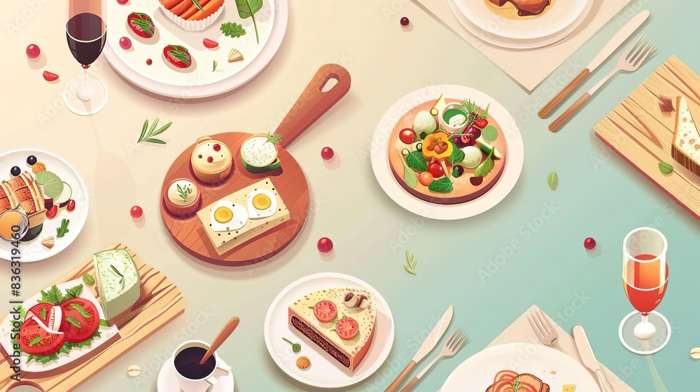 Top view of a table with a variety of food, drinks, and silverware. Top view of a table with a variety of food, drinks, and silverware.