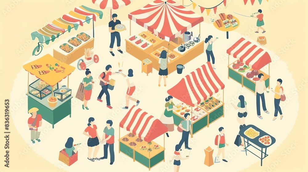 Isometric illustration of a bustling street market with vendors and customers. Isometric illustration of a bustling street market with vendors and customers.