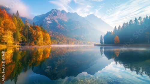 Beautiful autumn scene of Hintersee lake. Colorful morning view of Bavarian Alps on the Austrian border, Germany, Europe. Beauty of nature concept background. photo