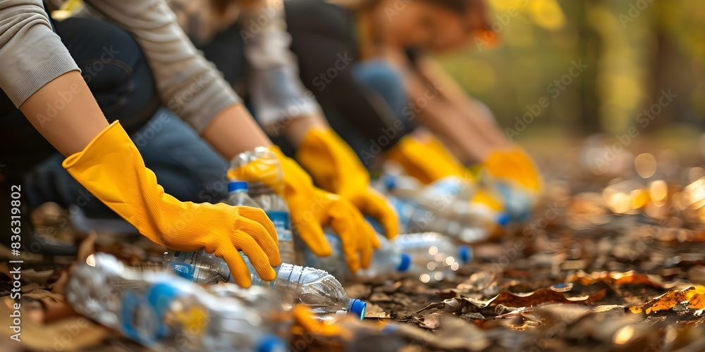 Obraz premium Volunteers in yellow gloves collect plastic bottles during outdoor cleanup. Concept Environmental Conservation, Community Service, Recycling, Outdoor Activities, Teamwork