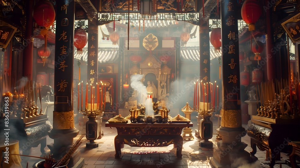 Taoist Priest Performing Incense Offering Ritual in Ornate Temple Taoist Priest Performing Incense Offering Ritual in Ornate Temple