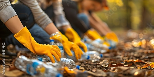 Volunteers in yellow gloves collect plastic bottles during outdoor cleanup. Concept Environmental Conservation, Community Service, Recycling, Outdoor Activities, Teamwork