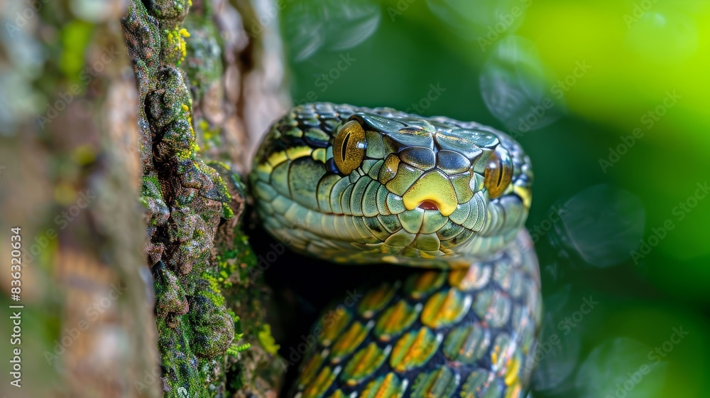 Naklejka premium A green snake is in a leafy green bush