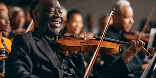 A senior African American man performing with violin in orchestra. Elderly experienced Musician with Violin Participates in Concert.