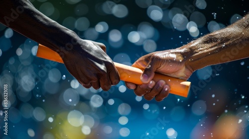 Two people are holding a baton and exchanging it