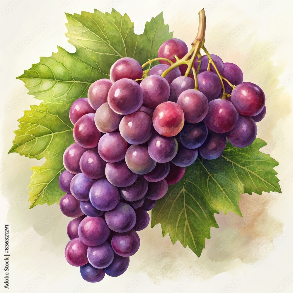 Fototapeta premium Watercolor grape bunch, purple grapes, green leaves