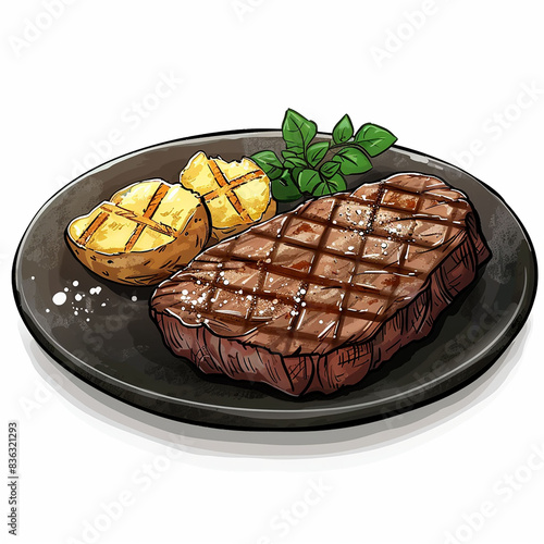 Defined cartoon illustration of a black plate of grilled ribeye sirloin steak with grilled baked potatoes on white background png photo