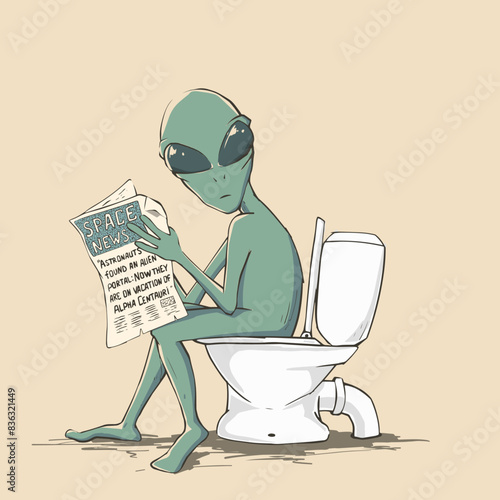 An alien sits on the toilet and reads a newspaper