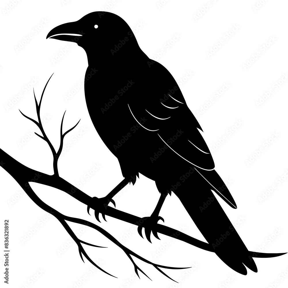 Obraz premium Crow sitting on a branch vector silhouette illustration.