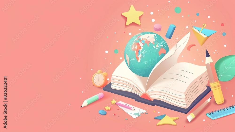 Open book with globe, pencils, and other stationery on a pink background. Open book with globe, pencils, and other stationery on a pink background.