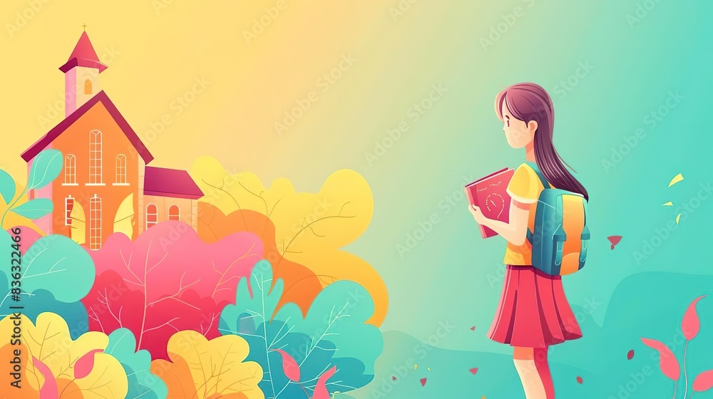 Minimalist flat illustration, A child holding a book with a school building in the background, with copy space on the right, in a warm and inviting style Minimalist flat illustration, A child holding a book with a school building in the background, with copy space on the right, in a warm and inviting style