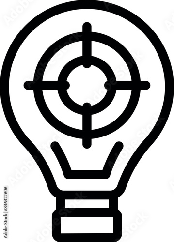 Simple black line icon illustrating a light bulb with a target sign on it, symbolizing goaloriented ideas