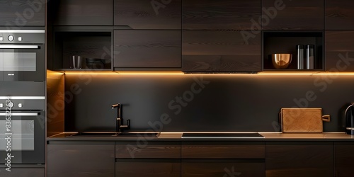 Elegant Dark Wooden Kitchen Interior Design with Built-In Furniture and Natural Light. Concept Interior Design, Elegant, Dark Wooden, Kitchen, Built-In Furniture, Natural Light photo