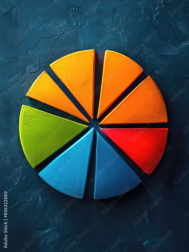 Fototapeta premium A pie chart divided into colorful slices, representing different asset classes in an investment portfolio, on a professional navy blue background. Perfect for visualizing investment diversification