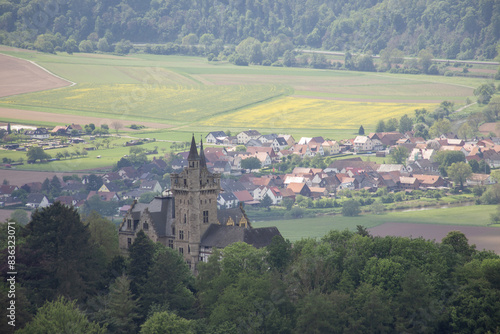 Castle Rothestein near Bad Sooden Allendorf on blurred background of a resort town, Germany, Hessen. High quality photo