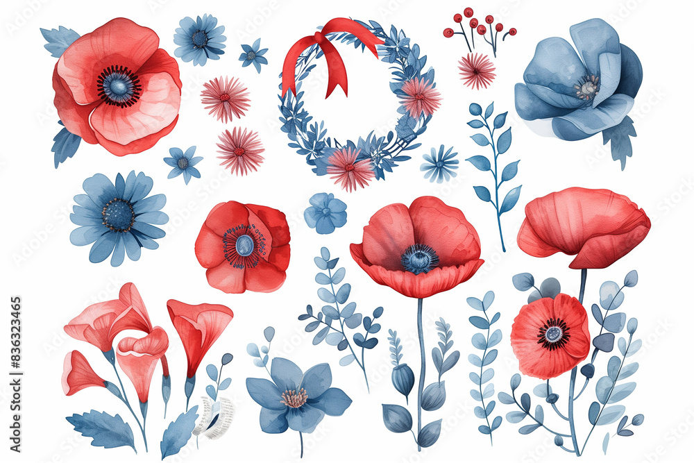 Obraz premium Watercolor 4th of July set with traditional symbols of national day. Hand painted elements for patriotic cards design. Wreath, poppies, US flags, ribbon, plants in red, blue colors, isolated on white 