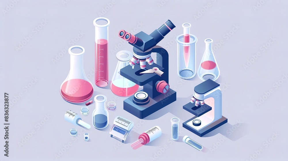 Flat design of a laboratory scene with a stethoscope, test tubes, and microscopes, perfect for science and medical research themes, with copy space Flat design of a laboratory scene with a stethoscope, test tubes, and microscopes, perfect for science and medical research themes, with copy space