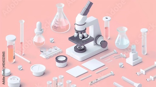 Isometric illustration of a microscope and laboratory equipment on a pink background.